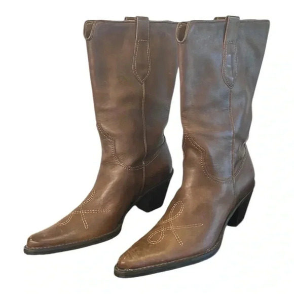 Franco Sarto Brown Leather Pointed Toe Western Boots with Stitching Size 5 - Picture 1 of 10